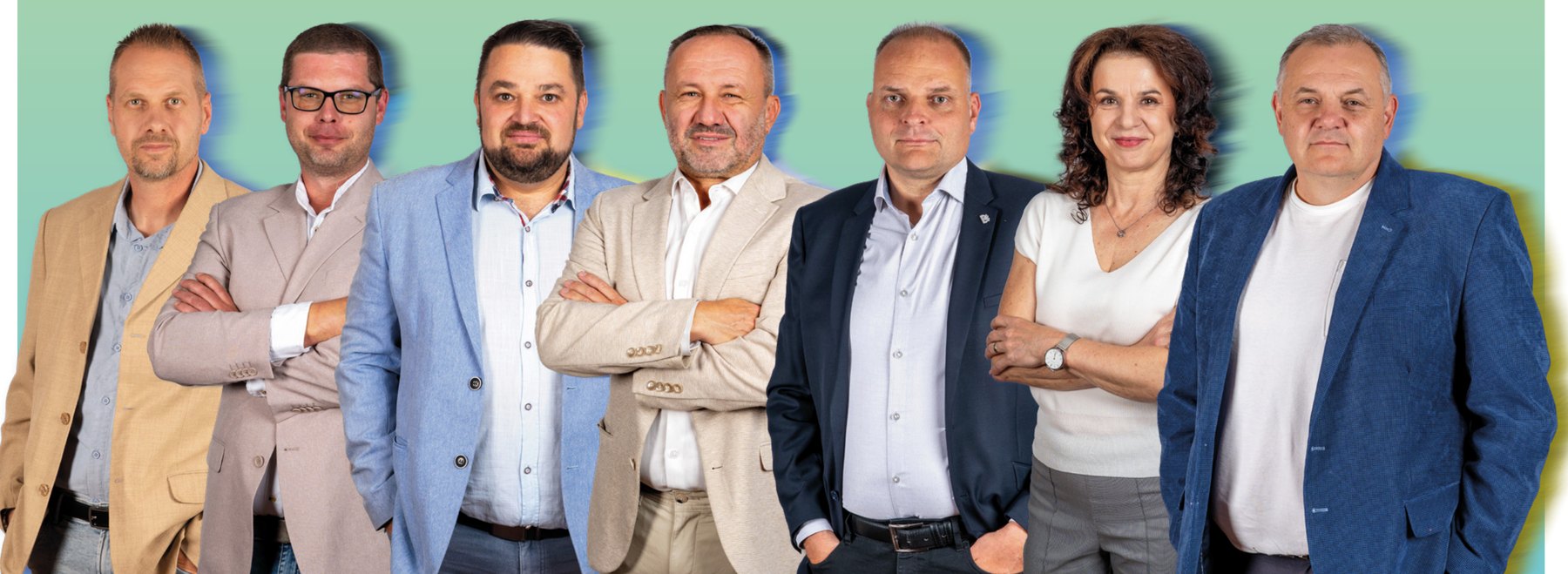 Sedm kandidátů ANO ve Vrbně pod Pradědem: Maik Stuchlík, Ladislav Jelínek, Pavel Kamenský, Robert Sivulka, Martin Pleva, Pavla Müllerová a Petr Kopínec